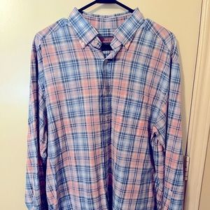 Men’s large Vineyard Vines murray pink and blue plaid shirt.